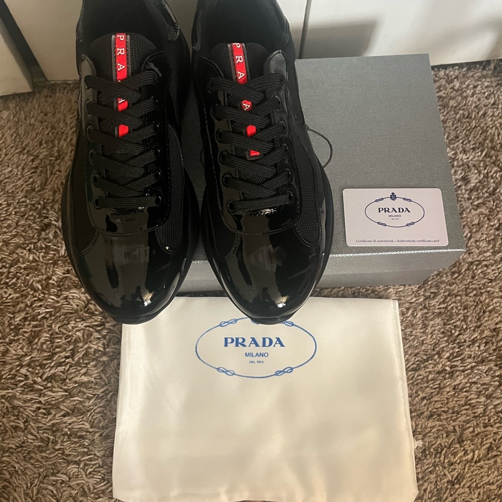 Prada Black Patent Leather & Mesh Sneakers with Red Logo Accent - Picture 5 of 8